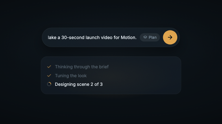 Agent Composer — A prompt types into a composer, the submit button takes a real press, and the agent's work reports itself step by step