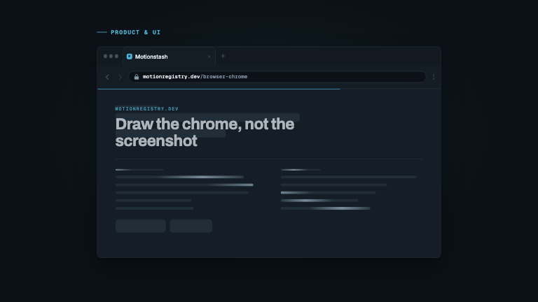 Browser Chrome — A browser window assembles piece by piece, types a URL into the address bar, then resolves a shimmering skeleton into a finished page
