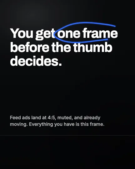 Feed Hook Card — A 4:5 feed ad opener: the hook arrives arrested out of a scroll as one full-measure slab, then a marker rings the words that carry it