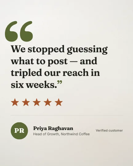 Feed Testimonial Card — A customer quote set as a magazine pull quote for a 4:5 feed ad, with a display-scale hanging quotation mark and a star rating that fills in one sweep