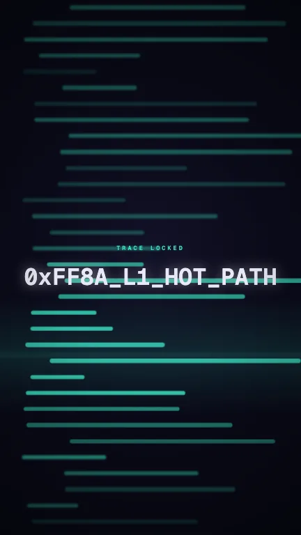 Hot Path Scan. A defocused listing scrolls behind a scan front while one symbol resolves out of blur and locks sharp