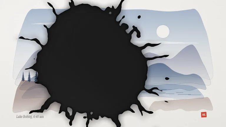 Ink Wipe. A drop of ink lands and blooms into a feathered, rim-darkened blot that covers the frame on your cut, then clears outward from the same spot to reveal the next shot
