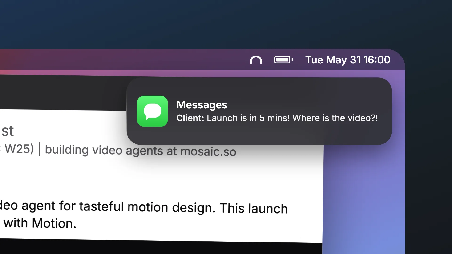Launch Day Desk. A launch day on the desk it happened on: the post, the message home and the draft playing, with the camera pulling back to the whole machine before a client's notification lands