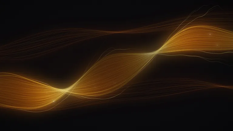 Glowing Light Wave Loop. A warm glowing light wave of fine gold filaments twisting through the dark, a seamless 10 second background loop