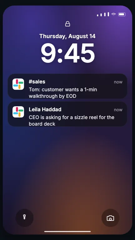 Lockscreen Alerts. A phone lock screen wakes over a drifting wallpaper and two notifications drop in one after the other, blurred glass over the colour behind them