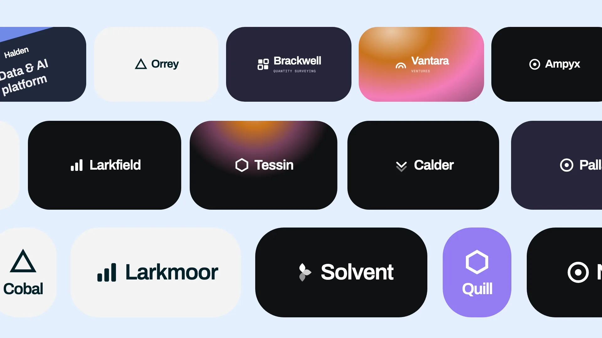 Logo Card Wall. Three rows of brand cards slide in from alternating sides, hold as a filled wall, then slide out together while the frame fades