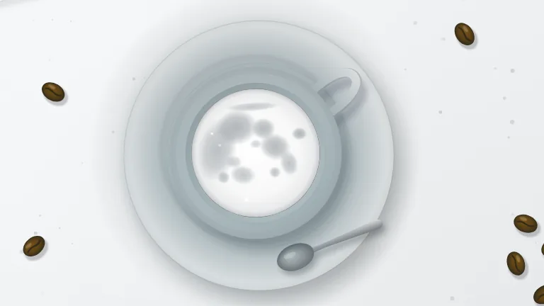 Match Cut Shape. A coffee cup seen from above pushes in until its round foam fills the frame, becomes a full moon of the same size and place, and pulls back over a night treeline