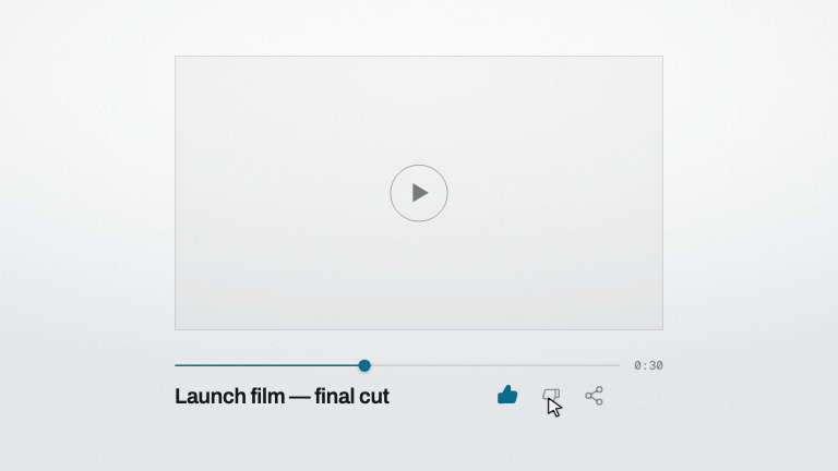 Minimal Video Frame — A near-white player that strokes itself on, scrubs, and takes a cursor to its like control