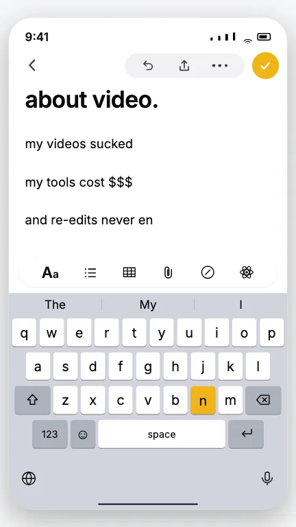 Notes Typing. A blank phone note fills itself in, typed line by line with the keyboard lighting under each letter, then Done is tapped and the keyboard drops away