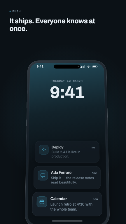 Phone Notification Stack — A drawn phone glides up into a settled tilt while notification cards drop in and the stack behind them recedes