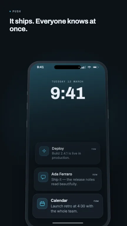Phone Notification Stack. A drawn phone glides up into a settled tilt while notification cards drop in and the stack behind them recedes