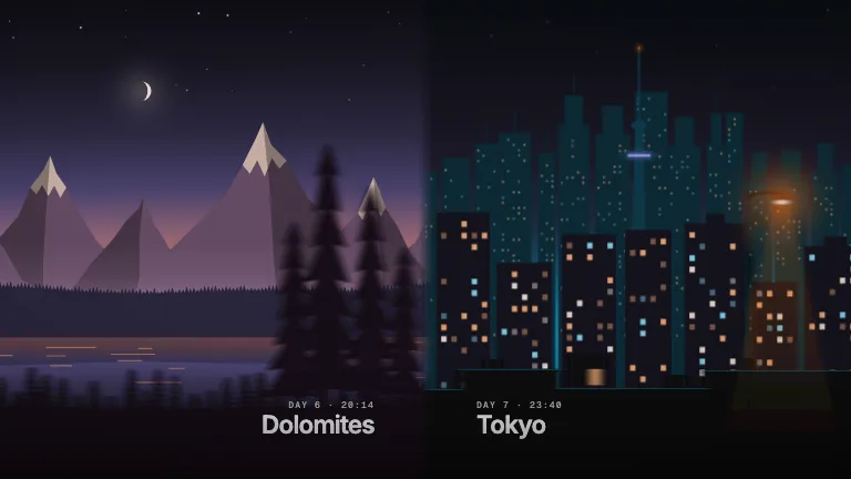 Push With Parallax. A mountain range at dusk is pushed out by a city at night, each built from four depth planes that travel at honest parallax rates, with motion blur on the near planes at peak speed