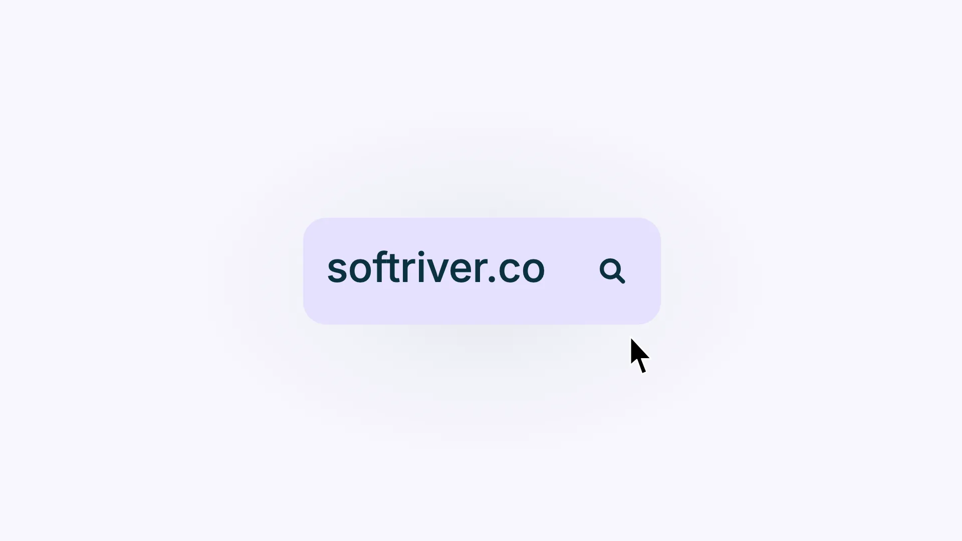 Search Pill Click. A word drops in letter by letter out of defocus, then a search field pops open, an address is typed into it and a pointer clicks the magnifier, which bursts