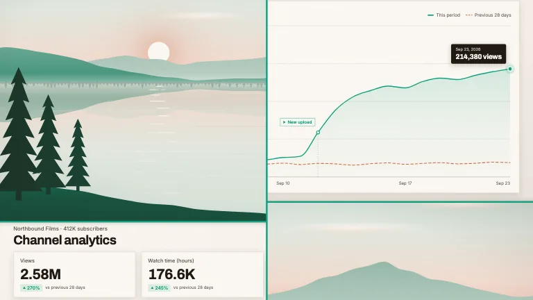 Split Swap. The frame cuts into strips that slide past each other in opposite directions, swapping an analytics dashboard for a landscape photograph behind a thin accent seam