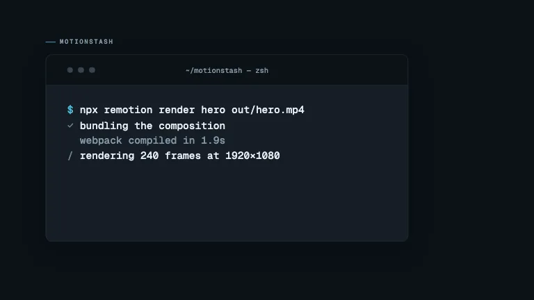 Terminal Window. A terminal runs a command: it types in, then the log streams line by line with a cycling spinner and an accent success line