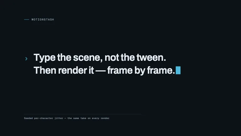 Typewriter Caret. Lines typed out character by character on seeded irregular timing, led by a block caret that blinks on a fixed frame cycle
