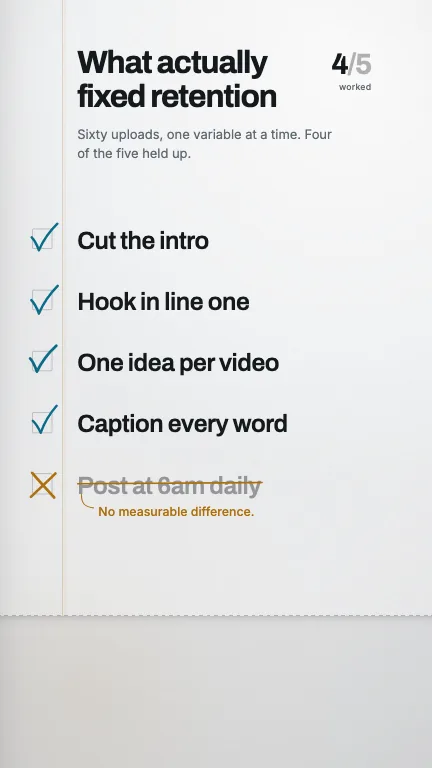 Vertical Checklist — A printed list on a ruled pad marked up one item per beat by a pen that draws its own ticks, with the last item crossed out and corrected