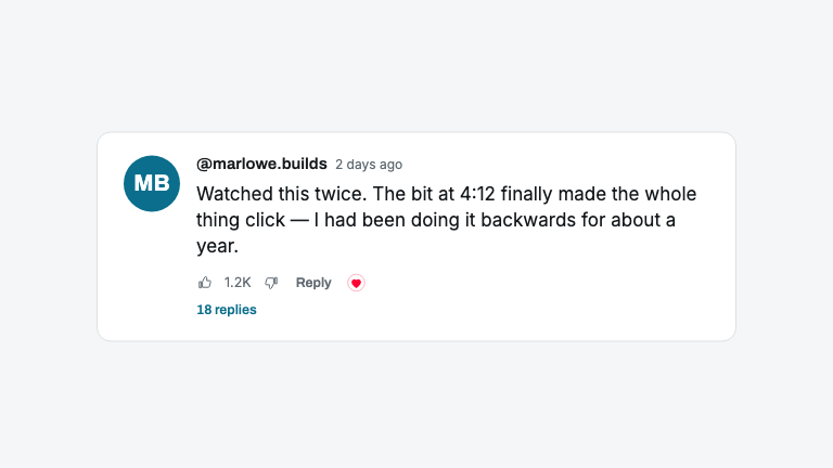 YouTube Comment Highlight — A viewer's comment featured as the platform renders it, with the like row and the creator's heart landing after the words