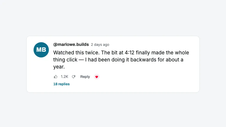 YouTube Comment Highlight. A viewer's comment featured as the platform renders it, with the like row and the creator's heart landing after the words