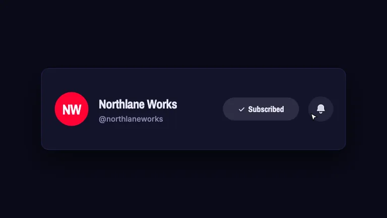 YouTube Subscribe Nudge. A channel card that presses its own subscribe button and then rings its own bell, with a cursor that travels to each in turn